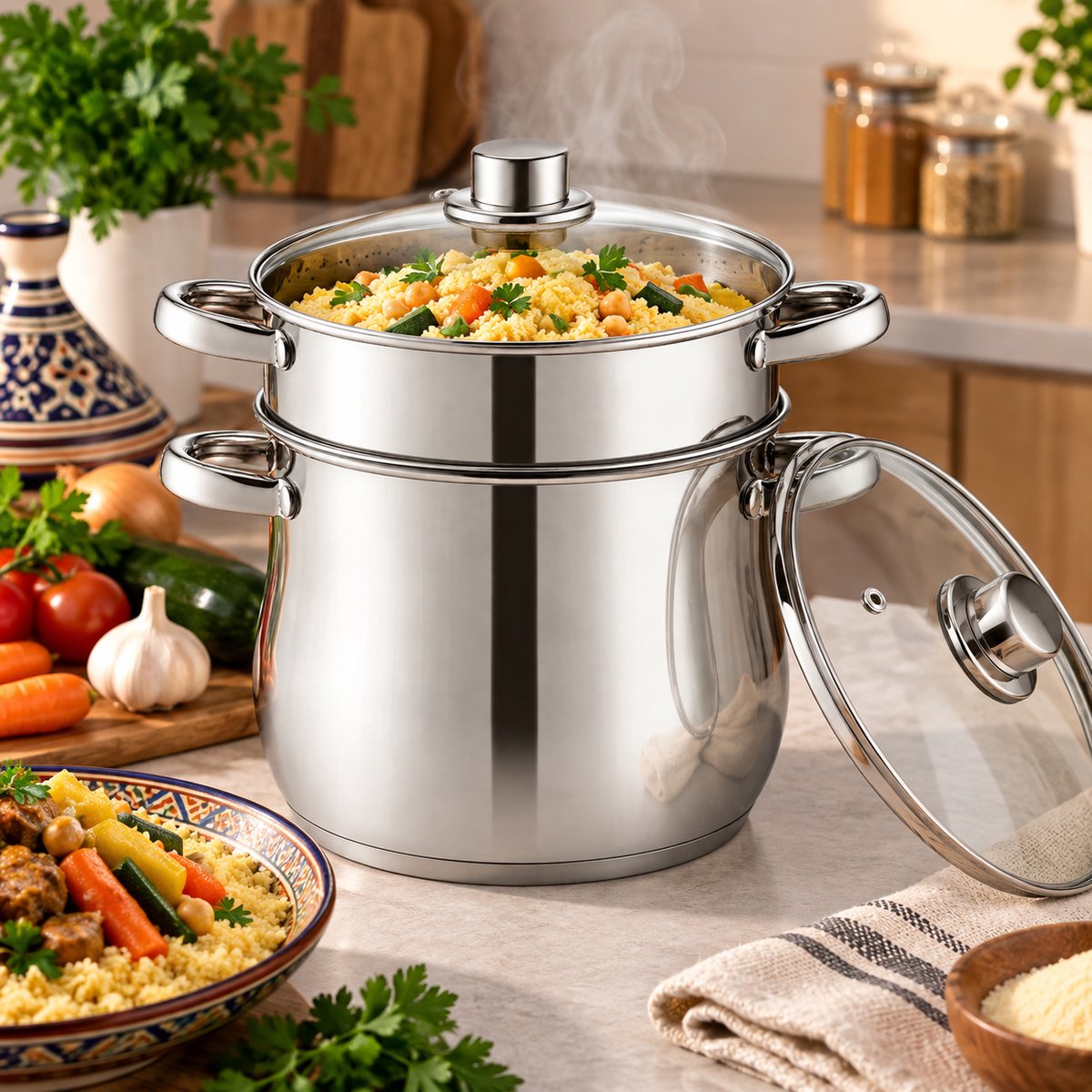Kadirelli Couscous Pan met Deksel - Ø22cm - 6L - Zilver - RVS - Inductie – foto 2