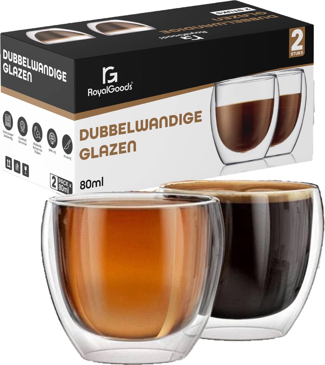 RoyalGoods Kleine Dubbelwandige Glazen - 80 ml – Set van 2 - Espresso Glazen - Kleine Glazen - TEKZEN