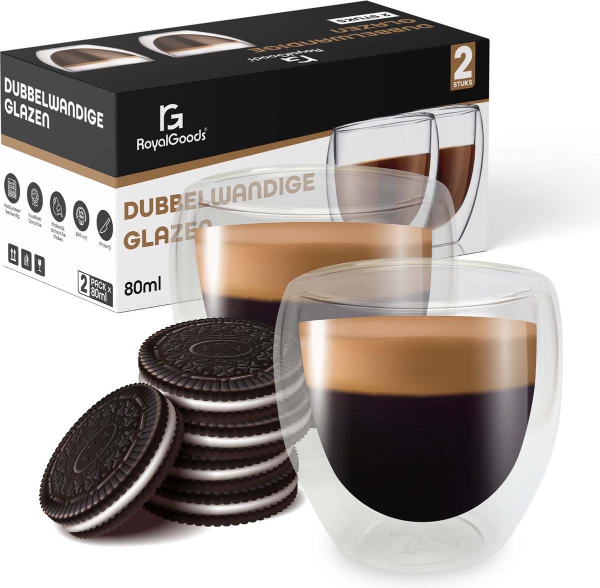 RoyalGoods Kleine Dubbelwandige Glazen - 80 ml – Set van 6 - Espresso Glazen - Kleine Glazen - TEKZEN