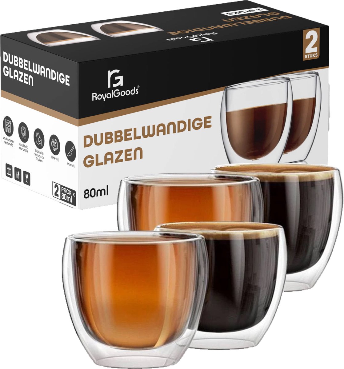 RoyalGoods Kleine Dubbelwandige Glazen - 80 ml – Set van 4 - Espresso Glazen - Kleine Glazen - TEKZEN