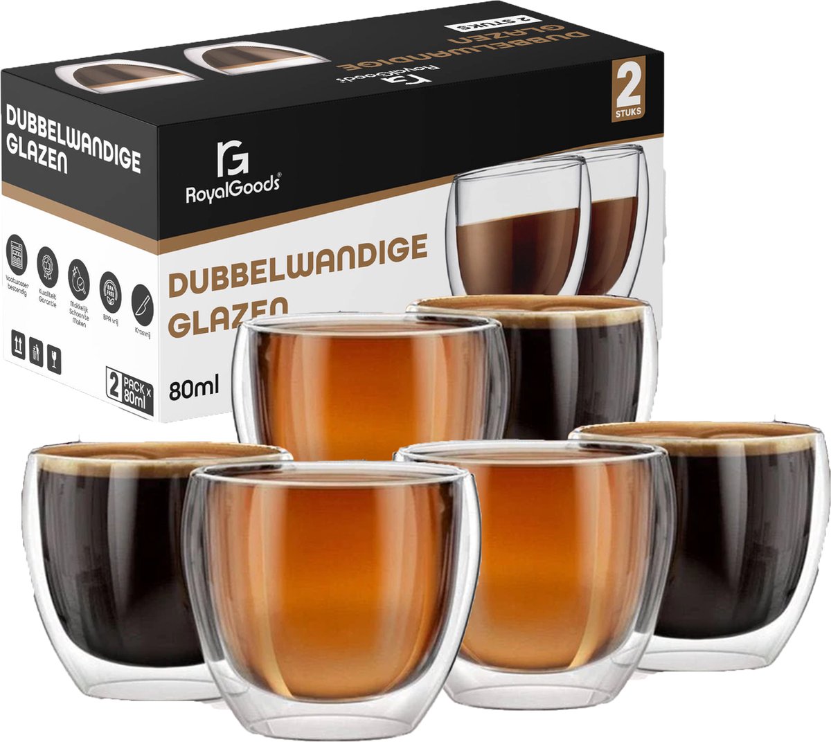 RoyalGoods Kleine Dubbelwandige Glazen - 80 ml – Set van 6 - Espresso Glazen - Kleine Glazen - TEKZEN