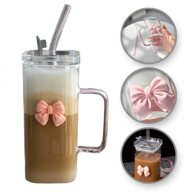 MONOO Gläser mit Deckel, Schleife und Strohhalm - 2 Stück - 400ml