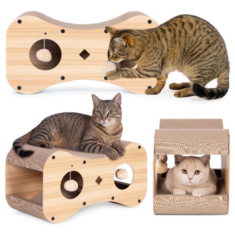 Petsi Kattenkrabber met Huisje - Karton & MDF - 55 cm - Met Pompons – foto 1