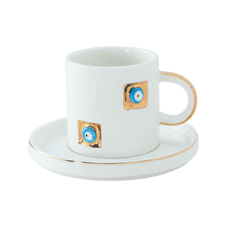 Bricard Yadigar - Espressoset met Nazar Boncuk - 12-delig - Wit/Goud - 125ml - Keramiek - Espresso Kopjes & Schotels