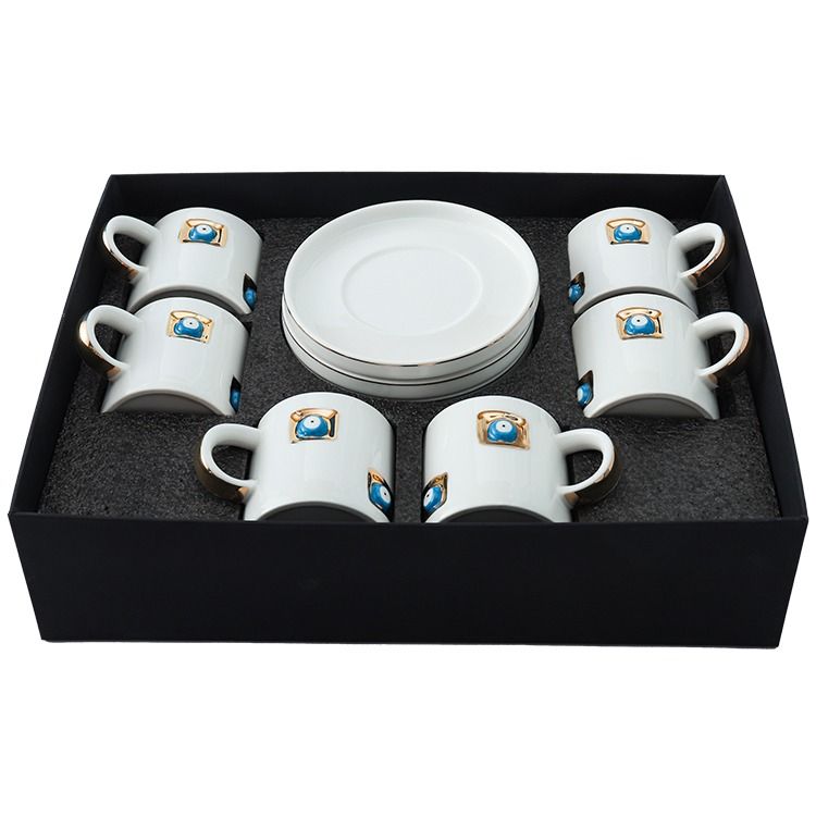 Bricard Yadigar - Espressoset met Nazar Boncuk - 12-delig - Wit/Goud - 125ml - Keramiek - Espresso Kopjes & Schotels