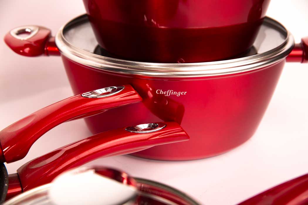 Cheffinger Pannenset - 10 - delig - Rood - Inductie - Met Glazen Deksels - TEKZEN