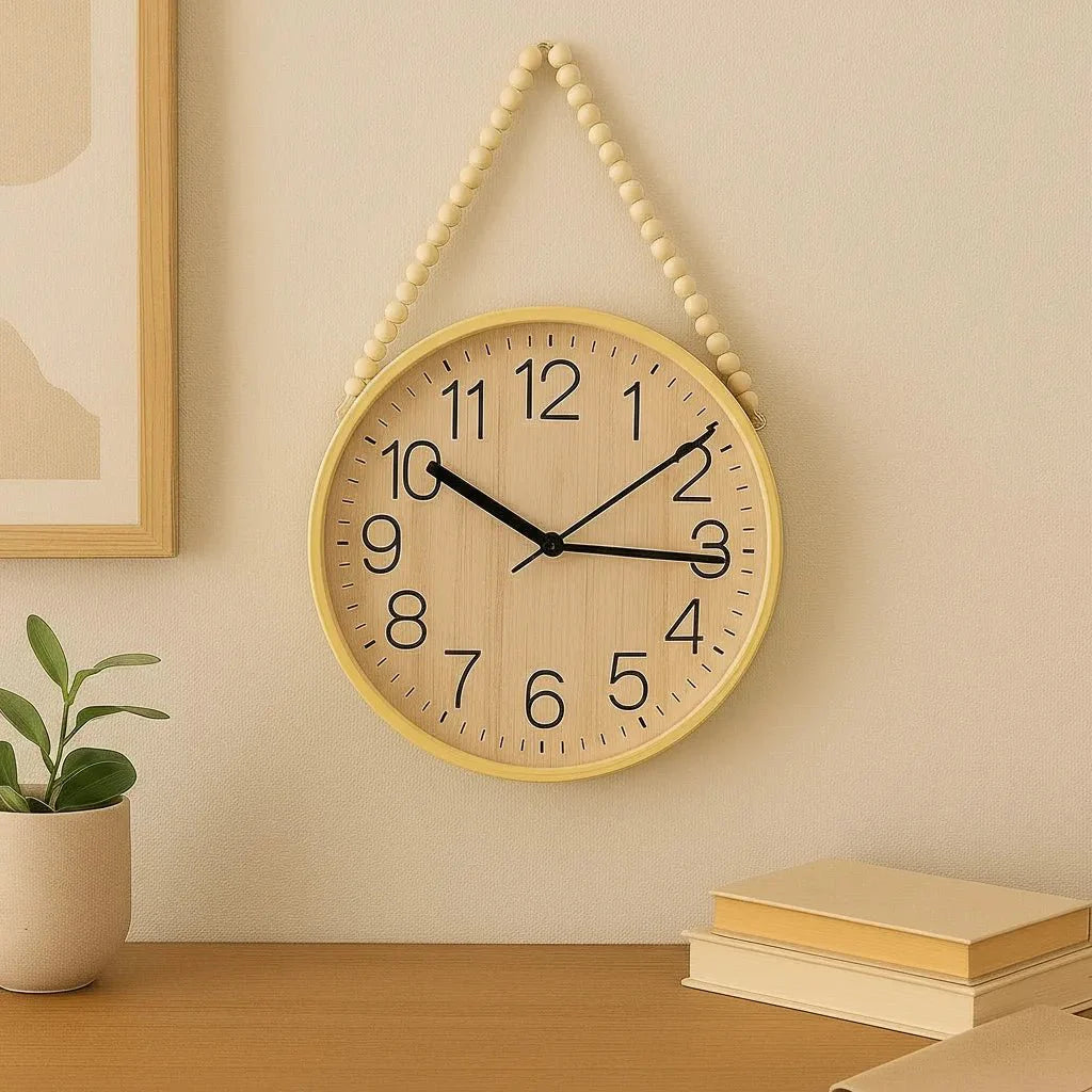 Hauskraft Wandklok - 38cm - Lichtbruin/Zwart - Decoratief Touw met Houten Kralen - TEKZEN