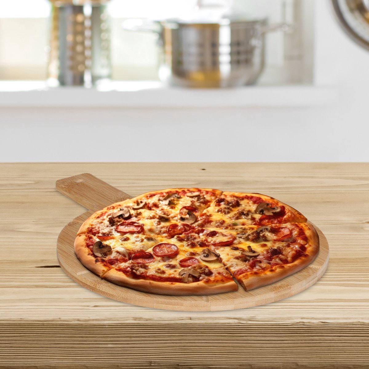 Kadirelli Pizzaplank met Pizzasnijder – Bamboe – 34 cm – Serveerplank met Handvat - TEKZEN