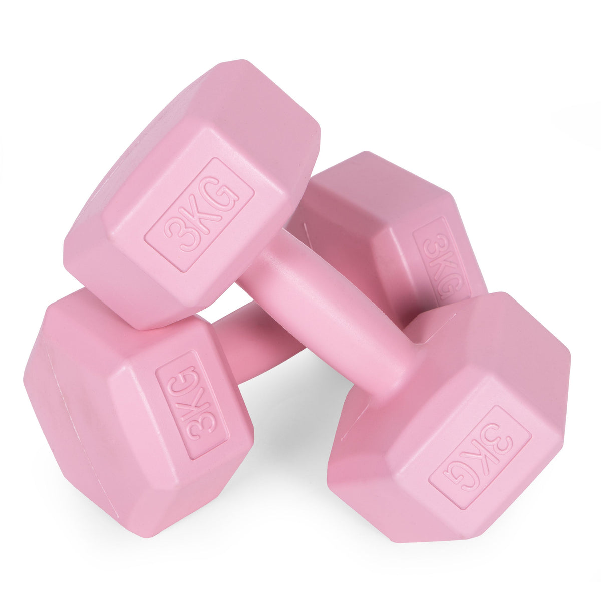 ModernHome hex dumbbellset 2 × 3 kg roze – detail van de handgreep en gewichten