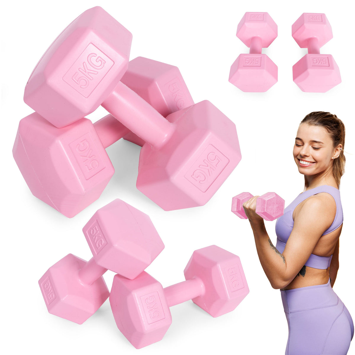 ModernHome hex dumbbellset 2 × 5 kg roze – hoofdfoto met dumbbells en trainingsvoorbeeld