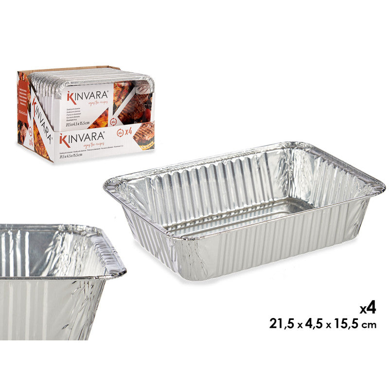 Kinvara Aluminiumbakje - Set van 4 - 21,5x15,5x4,5cm - Kapsalon Bakje - Prep Meal - Take Away - Wegwerp Aluminium Bakjes